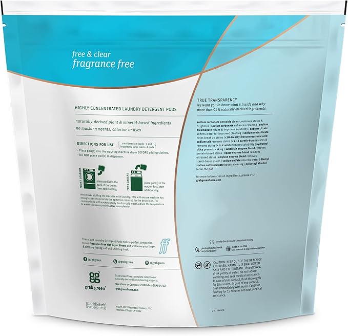 Grab Green 3-in-1 Laundry Detergent Pods, 132 Count, Fragrance Free, Plant and Mineral Based, Superior Cleaning Power, Stain Remover, Brightens Clothes