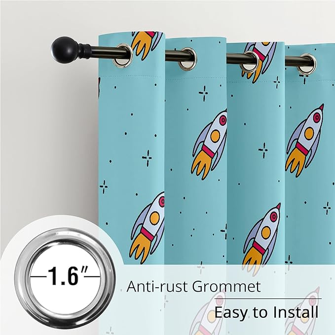 Kids Space Rockets Blackout Curtains - 100% Blackout, Thermal Insulated, Noise Reducing, Perfect for Kids Room and Nursery, 2 Panels (Aqua Mini Rockets, W52×L84)