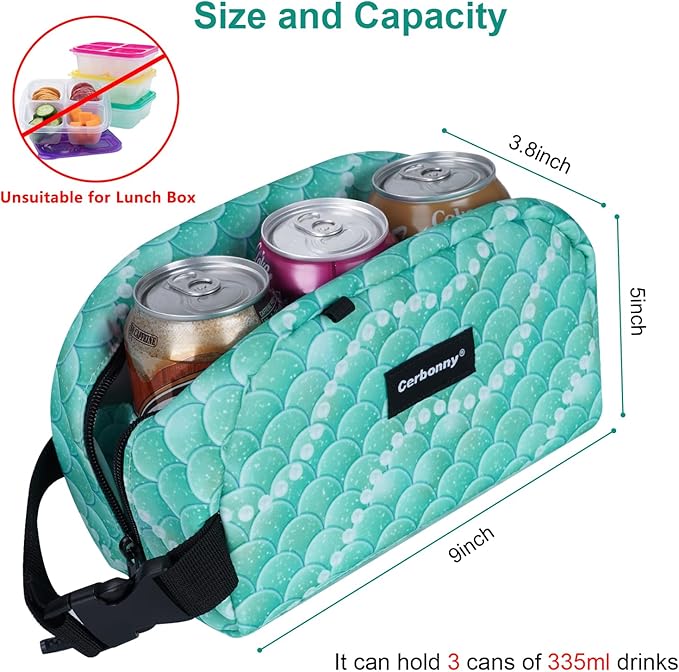 Cerbonny Small Insulated Lunch Bag (Green-Fish, 12.0 quarts) - Freezer Safe, Mini Cooler Bag for Work School Travel, Fits Yogurt, Suitable for Kids/Adults