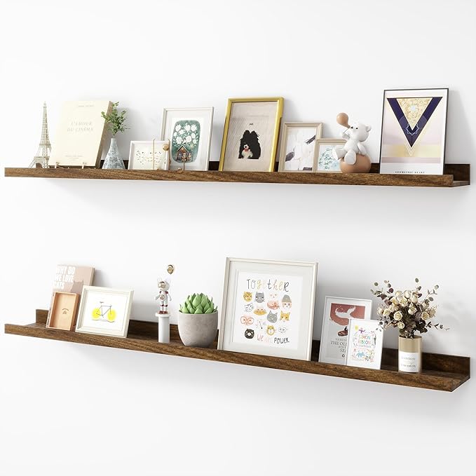 Picture Ledge Shelf, Wood Long Floating Shelves for Wall, Set of 2, 48 inch Picture Ledge Shelves, Photo Ledge Nursery Book Shelves Wall Mounted for Living Room Kids' Room Bedroom, Color Walnut