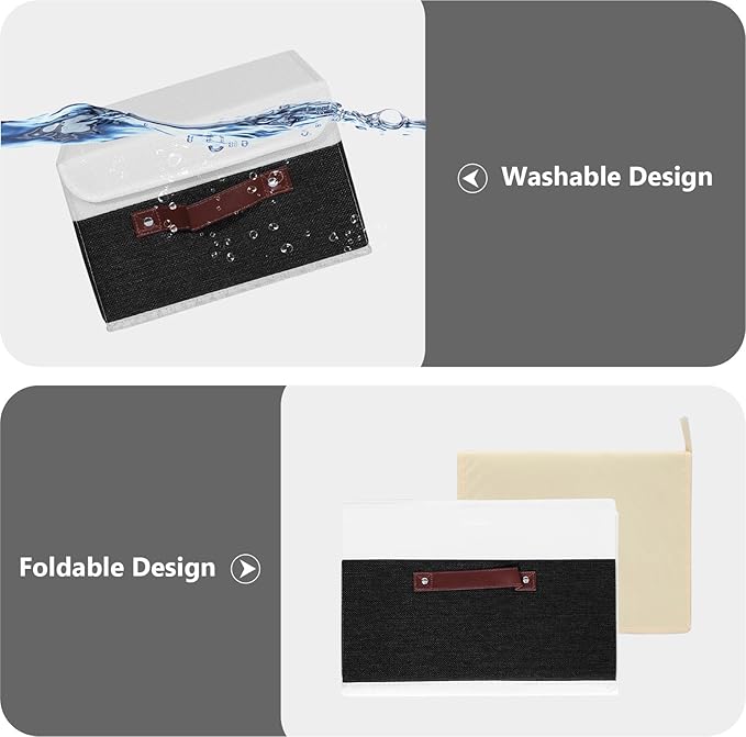 ANMINY Storage Boxes with Lids Washable Decorative Storage Bins Basket with PU Leather Handle Foldable Linen Fabric Storage Cubes Containers for Home Closet Organizer - Black White, Large Size