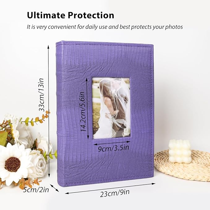 RECUTMS Photo Album Holds 300 4x6 Photos with Memo Areas, Slip in Pockets PU Leather Cover Photo Book with Front Window for Memories Couple Kids Family Pictures (Purple)