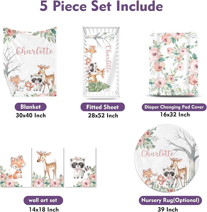Personalized Nursery Crib Bedding Set: Custom Name 5 Piece Baby Crib Sets with Cute Sika Deer & Fox Pattern - Toddler Double Layer Blanket Set, Comfortable Crib Bed Sheets for Baby Grils