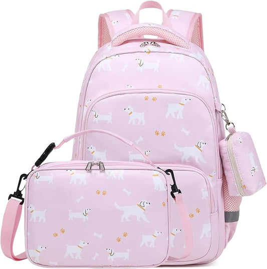 mygreen 3PCS Kids Backpack Set - Waterproof Bookbag with Lunch Box for Girls Ages 3-12, Adorable Cartoon Prints for School & Outdoor Use Pink Dogs