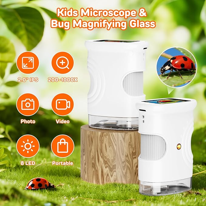 Handheld Microscope for Kids with 2" Screen, Pocket Microscope Magnifying Glass for Kids, Portable STEM Toys for Age 5 6 7 8 9 10 11 12, Photo & Video Edu Gift USB Rechargeable - White
