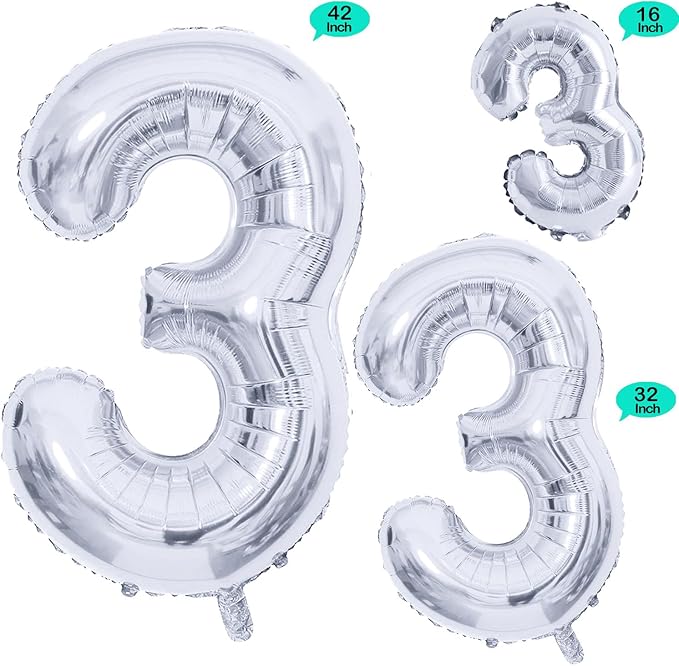 GOER Silver Foil Balloons Number 3,Huge Number Balloons for 3rd 33rd Birthday Party Supplies Anniversary Decorations(3 pcs,42 inch,32 inc,16inch)