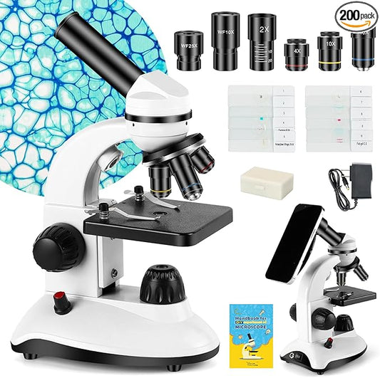 Microscope for Adults and Kids, Science School Laboratory Home Education Biology, 40-2000X High Definition,Easy to Operate,with Phone Holder 10 Specimen Slides 100 Coverslips and Bag for Student