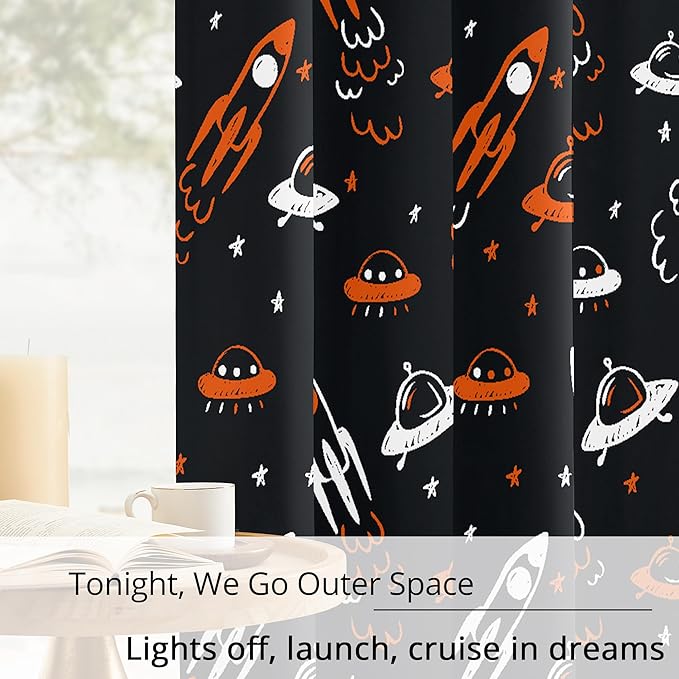 Kids Space Themed Blackout Curtains - 100% Blackout, Thermal Insulated, Noise Reducing, Perfect for Kids Room and Nursery, 2 Panels (Starlight Rocket Chase, W52×L84)