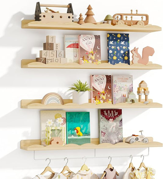 Fixwal Nursery Shelves, 24 Inch Floating Bookshelves for Wall Set of 4, Scalloped Wall Book Shelves with Towel Rack for Kids, Toddler Room, Baby Room, Nursery Decor and Storage(Natural Wood)