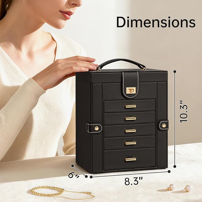 AKOZLIN Jewelry Box Organizer Functional Leather Jewelry Storage Case for Women Girls Ring Necklace Earring Bracelet Holder Organizer with Mirror Black