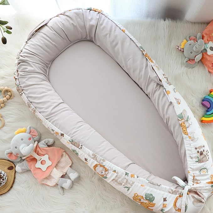Baby Lounger Cover for Boys Girls, Reversible Baby Nest Cover, Adjustable Baby Lounger Replaceable Cover for Infant Newborn, Portable and Machine Washable, Cotton Gray Elephant Cover Only
