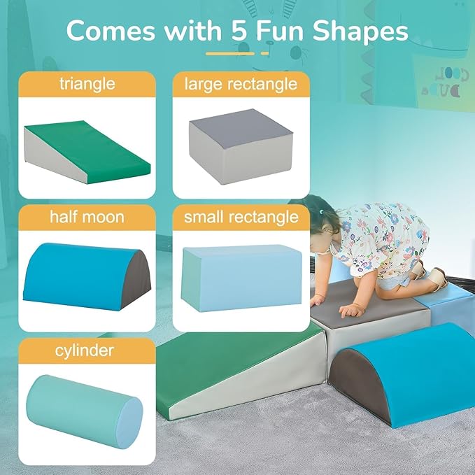 PayLessHere Climbing Toys for Toddlers 5 Piece Corner Foam Climbing Blocks Set with Soft Foam and Strong Structure for Babies 1-3 Crawling and Sliding Activity Play Indoor(Blue, 5 Piece)