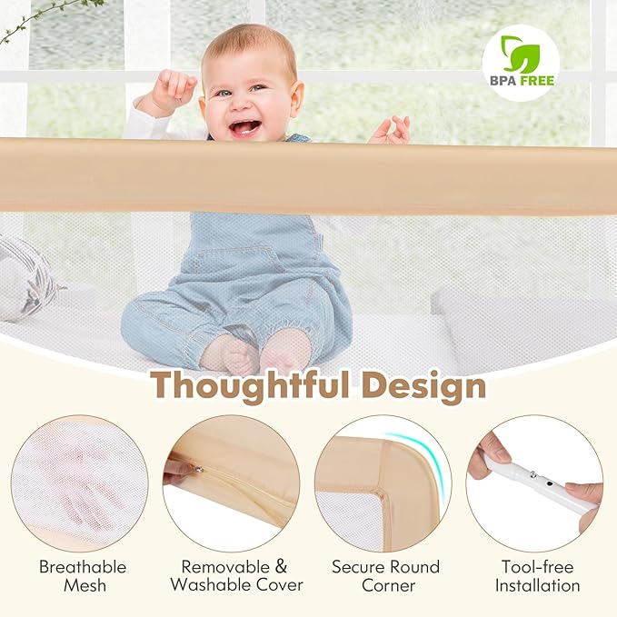 BABY JOY Bed Rails for Toddlers, 59'' Extra Long, Swing Down Bed Guard w/Safety Strap, Folding Baby Bedrail for Kids Twin, Double, Full Size Queen & King Mattress (59-Inch, Beige)