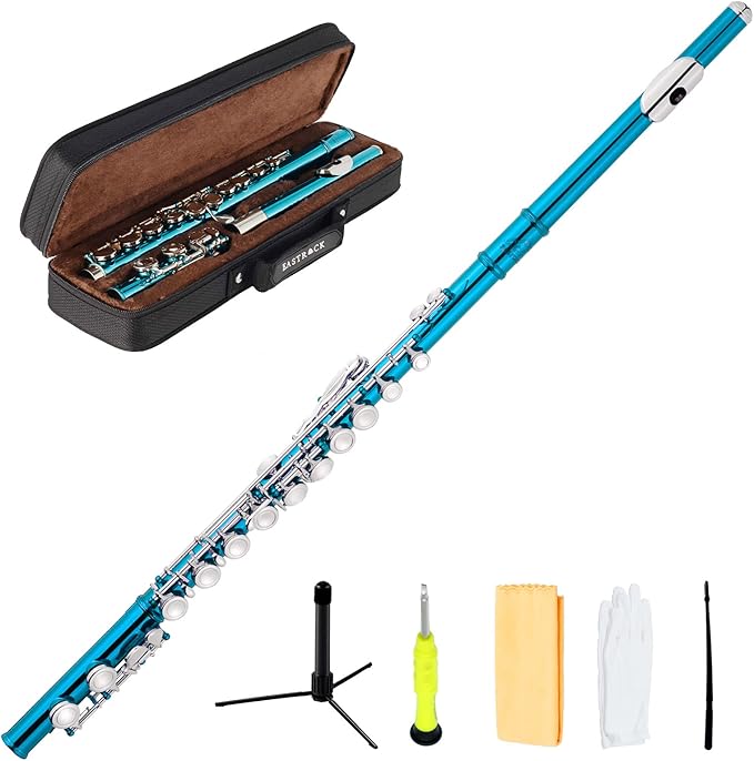 EastRock Closed Hole Flutes C 16 Key for Beginner, Kids, Student -Nickel Flute with Case Stand and Cleaning kit (Sea Blue)