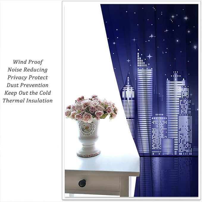 City Rod Pocket Blackout Curtains for Boy Girl Bedroom, New York Skyline Modern City Starry Sky Night View Home Energy Efficient Light Filtering Window Curtain for Living Room, 84x84 inch