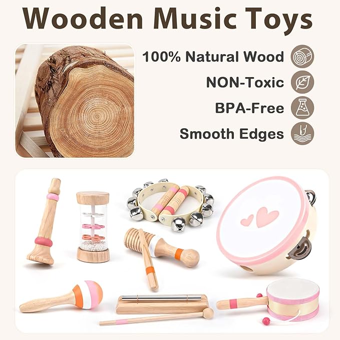Musical Toys for 2 3 Year Old Girl Birthday Gifts, Wooden Montessori Toys for 2 Year Old, 8 in 1 Musical Instruments for Toddlers with Drum/Hand Bells/Flute/Maracas, Preschool Toys for Baby 18+ Months