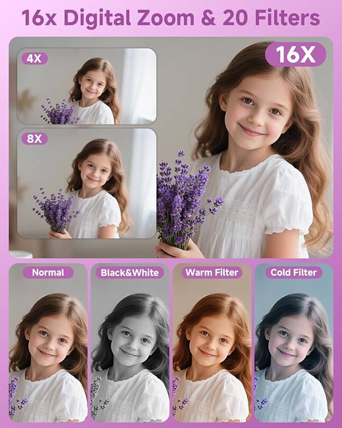 Digital Camera, 44MP FHD 1080P, 16X Zoom, 32GB SD Card, Compact Camera for Kids Teens Adults, Purple