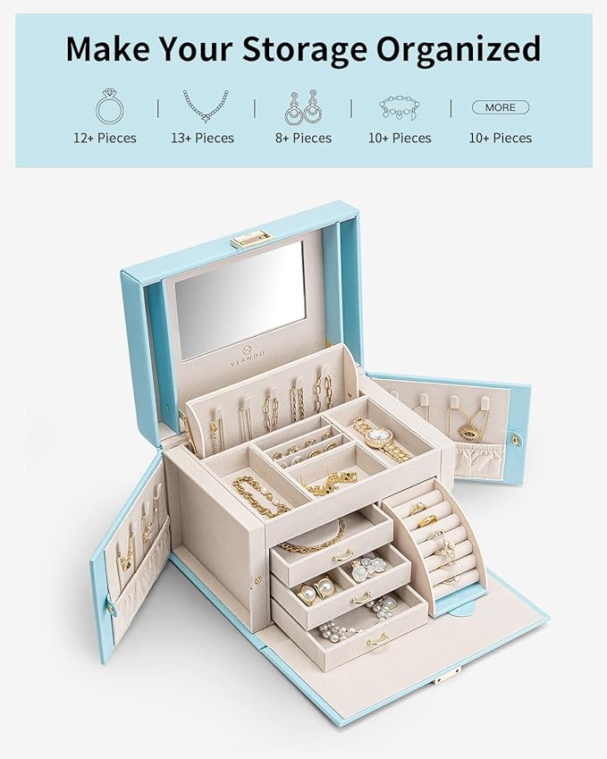 Vlando Jewelry Box Organizer for Girls Women, Large Baroque Jewelry Holder Organizer with Mirror, 3 Drawers for Bracelets, Earrings, Rings, Necklaces, Mothers Day Gifts for Loved One, Blue