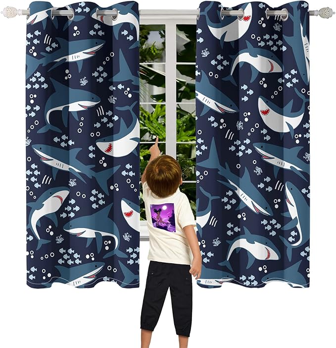 Shark Blackout Curtains 2 Panels 63" Inch Drapes Boys Curtains for Bedroom Cute Ocean Life Themed Grommet Top Thermal Insulated Boys Room Curtains for Nursery, Navy Blue, 82" x 63"