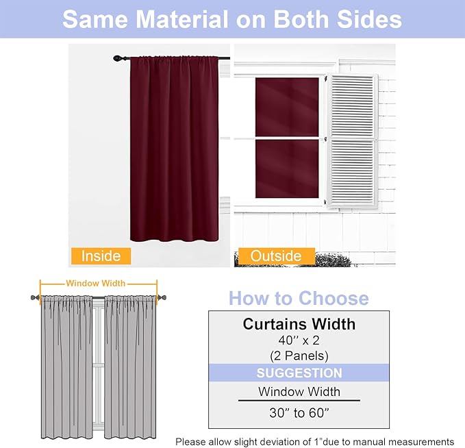 Simplebrand Ava Burgundy Blackout Curtains for Bedroom 63 Inch Length 2 Panels Set, Nursery Thermal Insulated Energy Saving Rod Pocket Window Treatment Curtains Blackout Drapes, W40 x L63 Inch