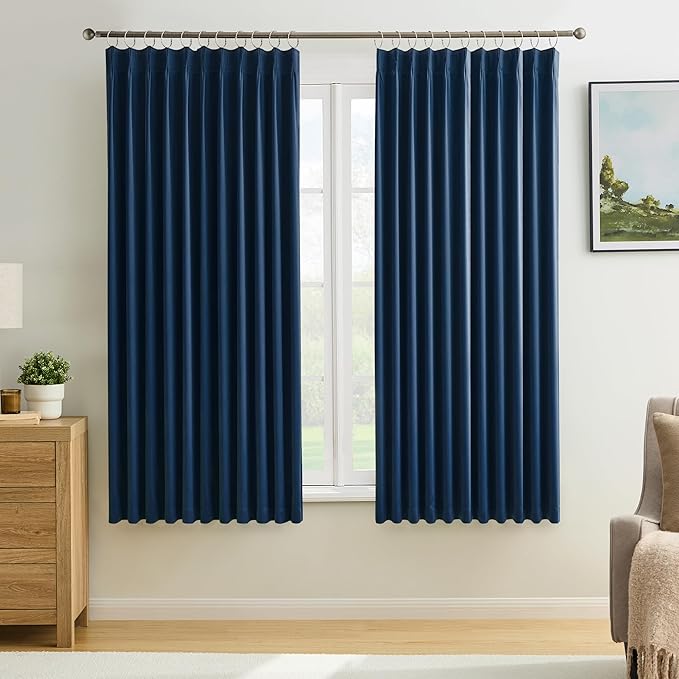Pinch Pleated Curtains 63 Inches Long 2 Panels Set, Thermal Insulated Blackout Room Darkening Curtain for Bedroom,Window Draperies with Hooks(Navy Blue,80x63-inch)