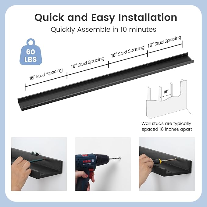 Picture Ledge Shelf, Floating Shelves Set of 2, Solid Pine Wood 72'' Long Large Nursery Book Shelves for Toys Storage, Kids Bookshelf for Living Room Bedroom Decor Books Photo Frames, Black