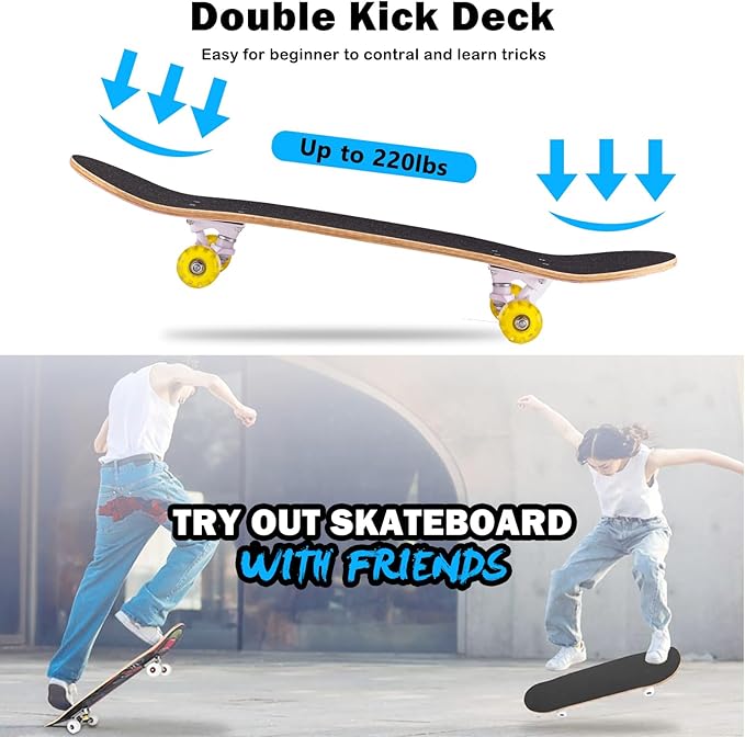Skateboard,31 x 8 Inch Complete Skateboard, 8-Layer Maple Wood Deck Double Kick Standard Skateboards for Kids, Teens, Adult, Beginner