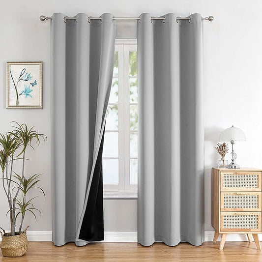 ChrisDowa 100% Blackout Curtains 78 inch Long for Bedroom with Black Liner, 2 Thick Layers Total Blackout Thermal Insulated Grommet Window Curtains 2 Panels Set (Light Grey, 42 x 78 Inch)