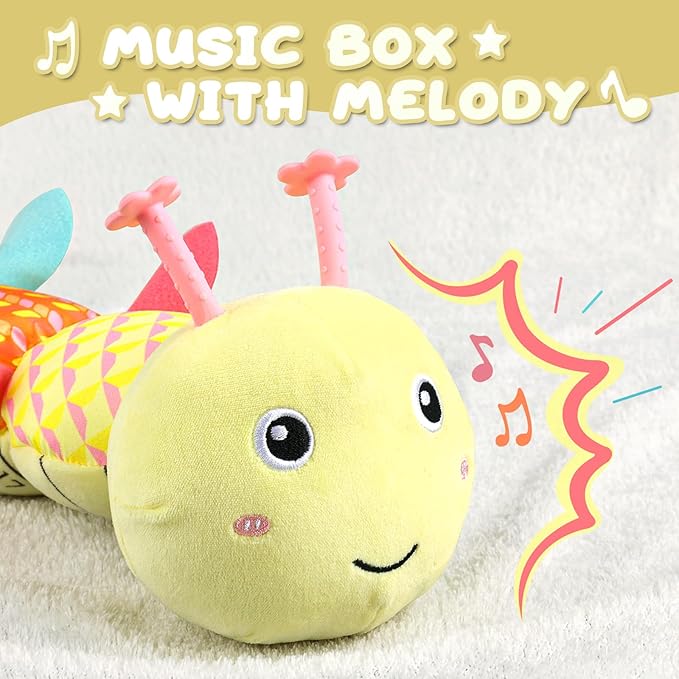 Baby Toys 0 to 12 Months, Musical Stuffed Animal Activity Soft Toys with Multi-Sensory Crinkle, Rattle and Textures, Infant Tummy Time Toys for Newborn Boys Girls, Caterpillar, Yellow