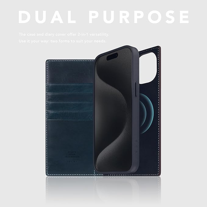 D7 Italian Wax Leather Wallet Case for iPhone 15 Plus - [2-in-1] Handcrafted Detachable Diary Style with Magnetic MagSafe Back Cover, Gift Box Included (Blue)