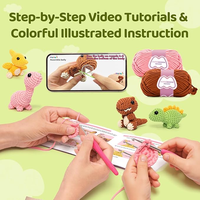 Mewaii Crochet Kit for Beginners – 5 Easy Dinosaur Crochet Kits with Step-by-Step Video Tutorials, Pre-Started Yarn, 40% Extra Yarn, Beginner Crochet Kit for Adults & Kids