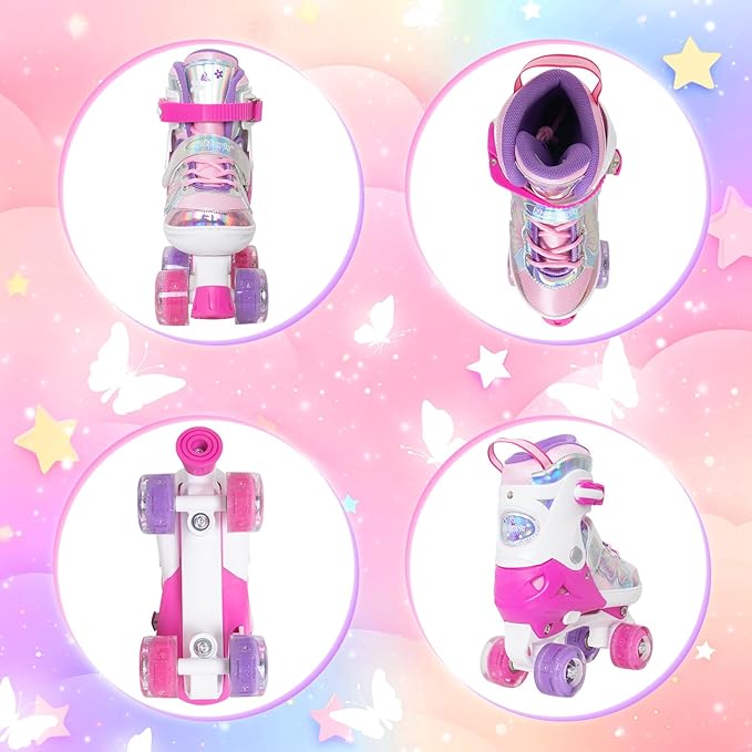 Nattork Kids Roller Skates for Girls Boys Kids, 4 Sizes Adjustable Quad Skates Butterfly and Flower with All Light up Wheels - Birthday Gift for Indoor Outdoor Sports