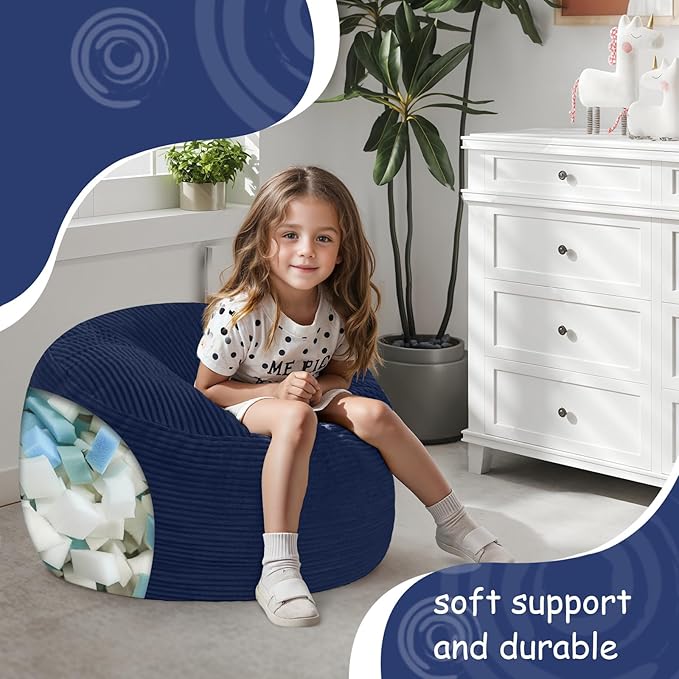 COMAX Kids Bean Bag Chair Turn into Beanbag Bed, Toddler Bean Chair Corduroy for Girl Boy Sleeping, Lazy Children Bean Bags with Filler, Convertible Child Floor Mattress, Dark Blue