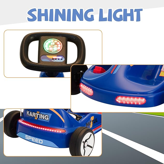 TOBBI 12V Electric Go Kart for Kids Battery Powered Ride on Car Outdoor Race Toy with Remote Control, Safety Belt, Music, LED Lights and Flags for Toddlers 3-8 Years, Blue