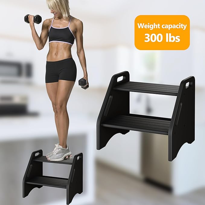 AMBIRD Wooden Step Stool, Two Step Stools 300 lbs Capacity with Safety Non-Slip Pads and Handles, Bamboo Step Stool for Bathroom, Kitchen Dual Height Step Stools for Adults (Black)