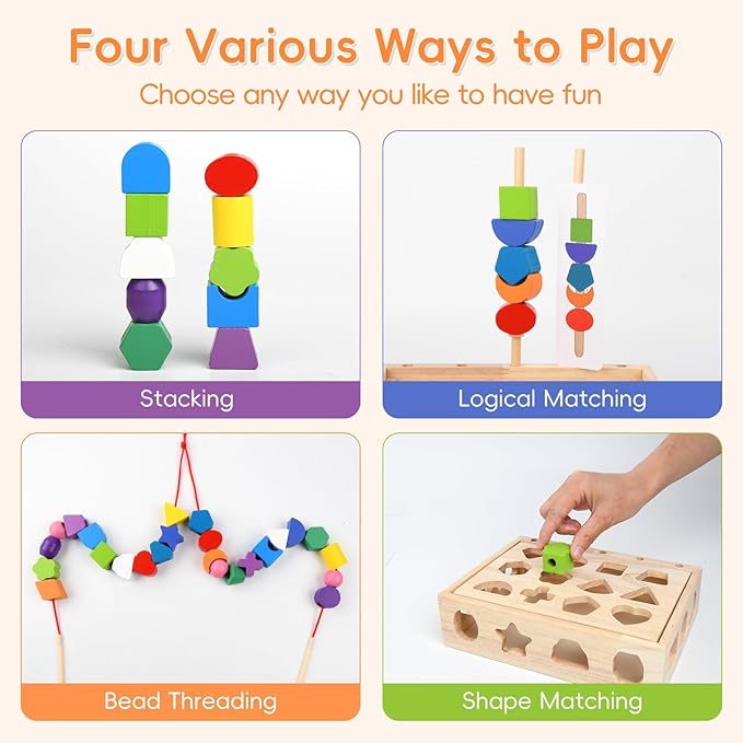 3 in 1 Wooden Color Sorting Stacking Toys, Montessori Toys Geometric Shape Sorter Matching Lacing Beads Sequencing Toy Set Preschool Learning Fine Motor Skills for Toddlers 3 4 5 Years