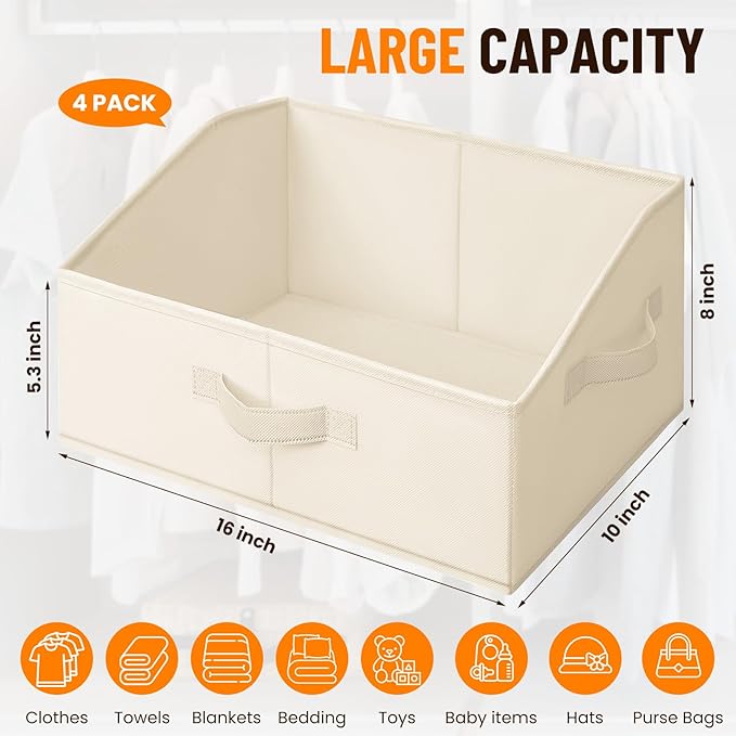 Criusia Closet Organizers Bins 4 Pack - Large Closet Shelf Organizer with Handles - Fabric Trapezoid Home Organization and Storage Baskets for Organizing Clothes Toy Blanket Towel Purse Hats
