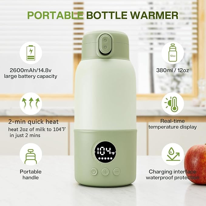 Portable Bottle Warmer for Travel,Formula Container to Go 12.8oz Baby Bottle Warmer with 2-Min Fast Heating,Milk Warmer for Baby Travel Essential with Long Time Keep Warm Function