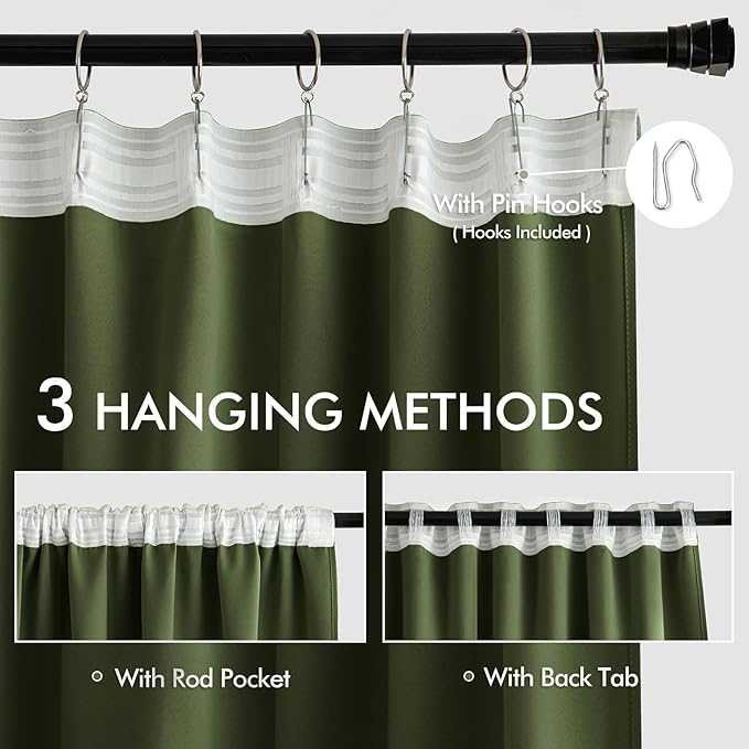 MIULEE Olive Green Back Tab Blackout Curtains 90 Inches Long 2 Panels Set for Living Room Bedroom Privacy, Rod Pocket/Pinch Pleat Thermal Insulated Room Darkening Pleated Light Blocking Drapes