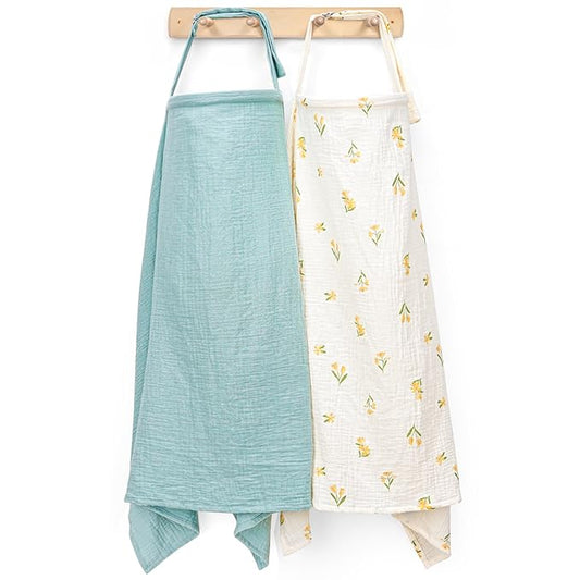 Muslin Nursing Cover for Breastfeeding, Privacy Breathable Breastfeeding Cover with Arch Neckline for Mom, 100% Cotton Nursing Apron, Floral and Light Green