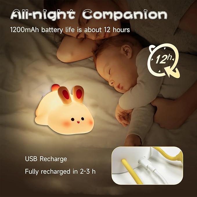Big Face Rabbit Night Light, Adorable LED Bunny Night Lamp, Silicone Dimmable Nursery Nightlight for Girls, Silicone Rechargeable Bedside Touch Night Lights for Easter Decor