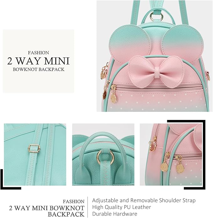 KL928 Girls Bowknot Polka Dot Cute Mini Backpack Small Daypacks Convertible Shoulder Bag Purse for Women