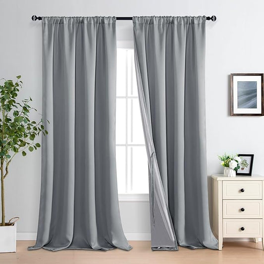XWZO 100% Blackout Curtains - Extra Long Rod Pocket Thermal Insulated Black Liner Curtains, Noise Reducing and Heat Blocking Drapes for Bedroom with Tiebacks, Grey, W52 x L108, Set of 2