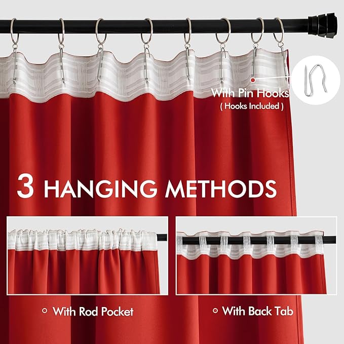 MIULEE Red Back Tab Blackout Curtains 120 Inch Long 2 Panels Set for Living Room Bedroom, Rod Pocket/Pinch Pleat Extra Long Thermal Insulated Room Darkening Pleated Light Blocking 10FT Drape