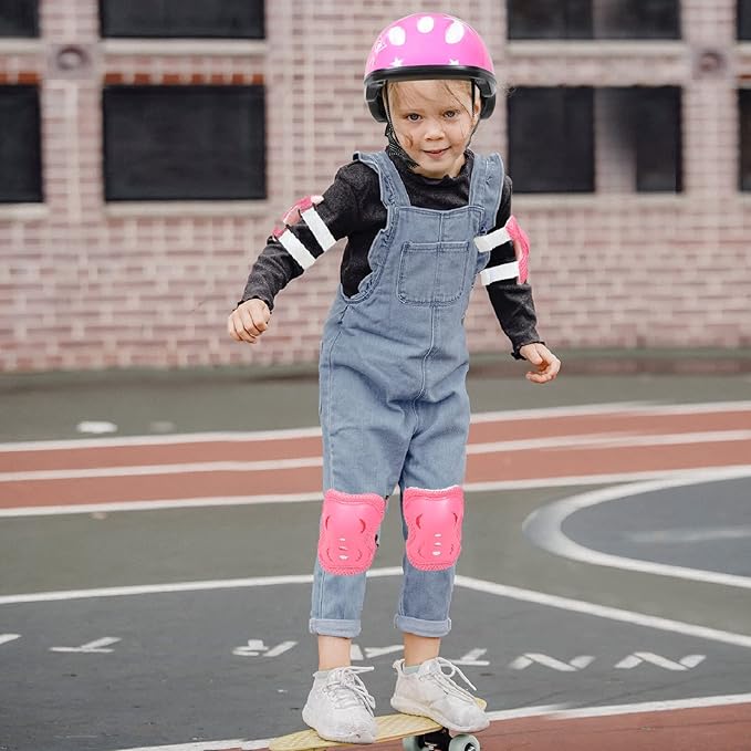 Totority Kids Helmet Knee Elbow Pads: 7pcs Children Skating Helmet Skateboard Knee Gear Wrist Cuff Elbow Protectors Pink