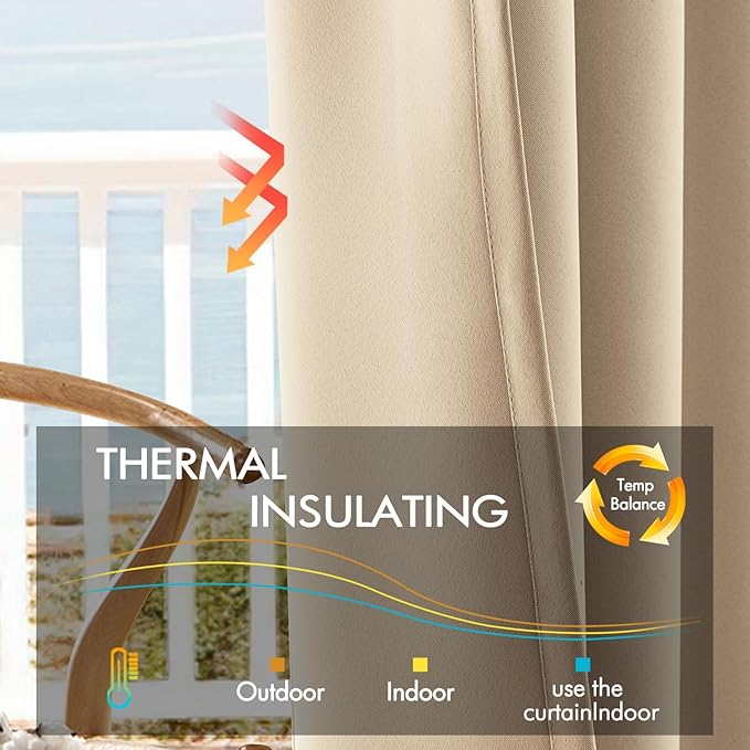 ANRODUO Back Tab Blackout Curtains for Bedroom Living Room, Rod Pocket Pinch Pleated Thermal Insulated Room Darkening Curtains 96 Inches Long 2 Panels, Beige, 42 x 96 Inch