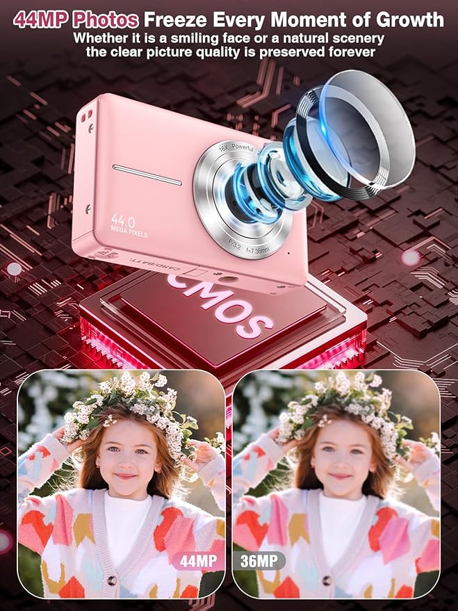 Digital Camera,FHD 1080P Kids Camera 44MP Point and Shoot Digital Cameras with 32GB Card,16X Zoom,Anti-Shake,Date Stamp,Compact Small Cameras Photography for Kids Student Teen Girl Boy(Pink)
