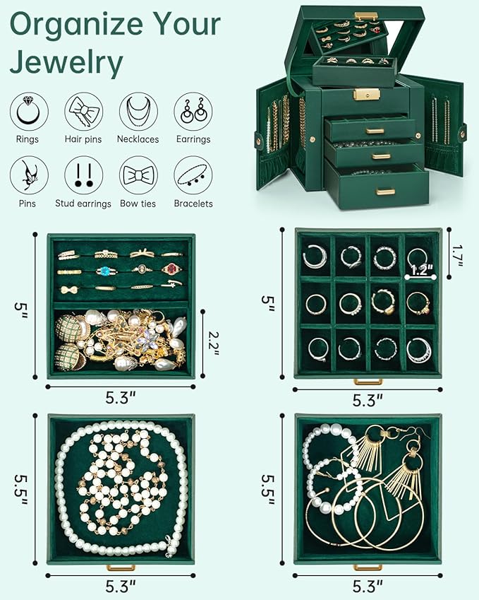 AKOZLIN 4-Tier Jewelry Box Leather Jewelry Storage Organizer with 3 Drawers Lockable for Women Girls Ring Necklace Earring Bracelet Holder with Mirror Forest Green