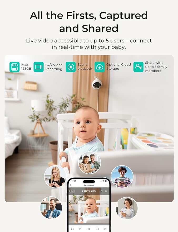 VistaView Lite RB Smart WiFi Baby Monitor - 4” 720P Split Screen & 1080P Camera App Control, Motion Alerts, 2500mAh Removable Battery, HD Night Vision, 2-Way Talk, Multi-User, Triple Security