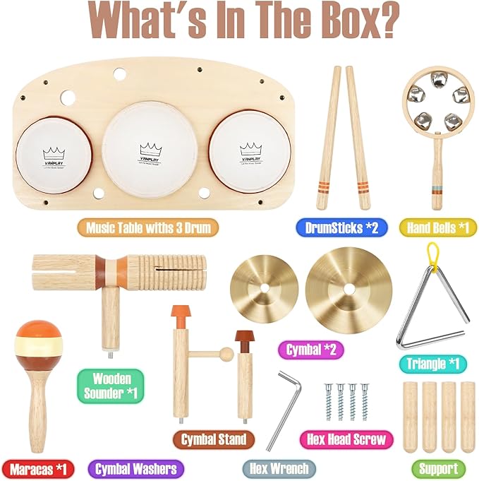 Kids Drum Set - Montessori Toys for 2 Year Old Boy Girl Birthday Gifts, 11 in 1 Wooden Musical Instruments for Toddlers 2-3, Musical Activity Table Preschool Learning Toys for Baby 18+ Months